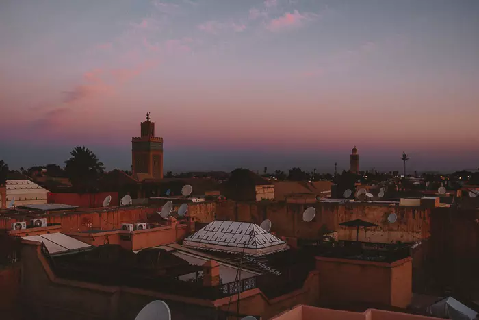 Morocco travel guide blue hour over Marrakesh from riad Ksar Kasbah by Dancing the Earth
