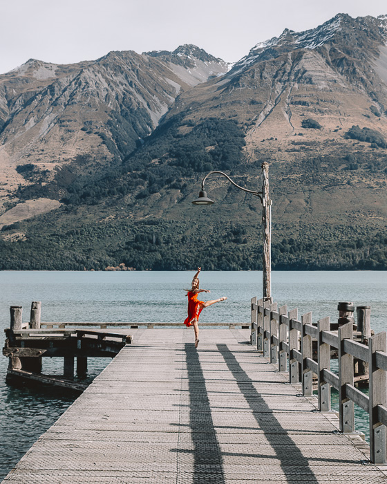 Dancing on Glenorchy wharf, Best photography spots in Queenstown New Zealand, Dancing the Earth