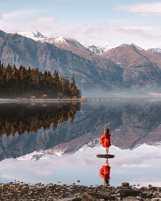 The Remarkables reflected in Lake Wakatipu, Best photography spots in Queenstown New Zealand, Dancing the Earth