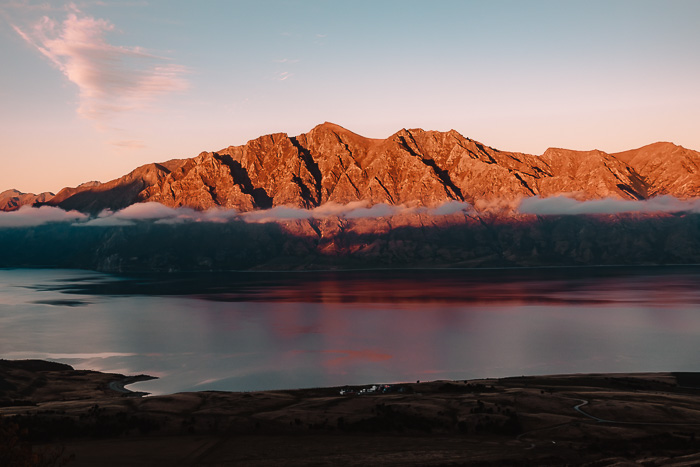 Lake Hawea and the mountains at sunset, Dancing the Earth