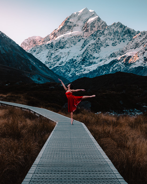 Arabesque in front of Aoraki, Dancing the Earth