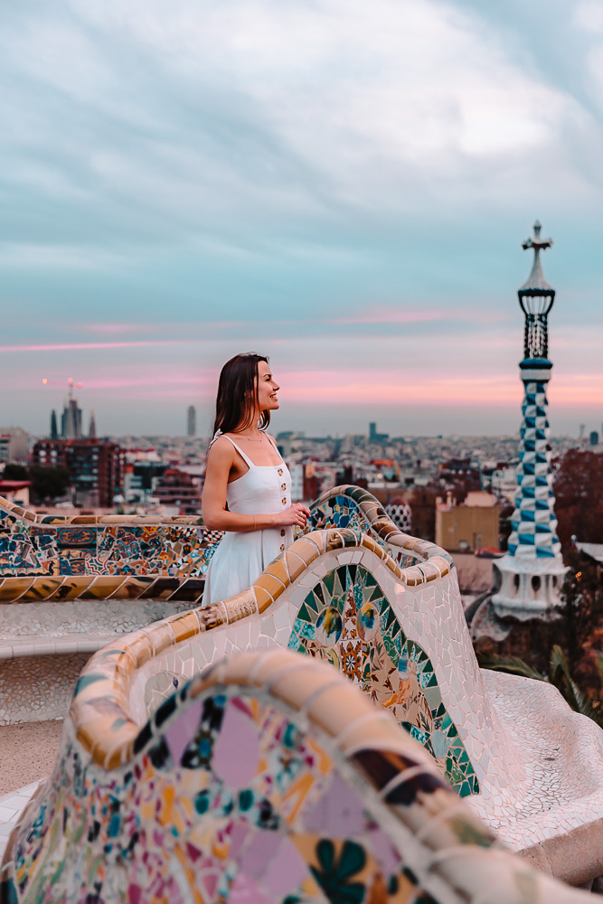 Sunset over Barcelona from the Greek Theater in Parc Guell, Dancing the Earth