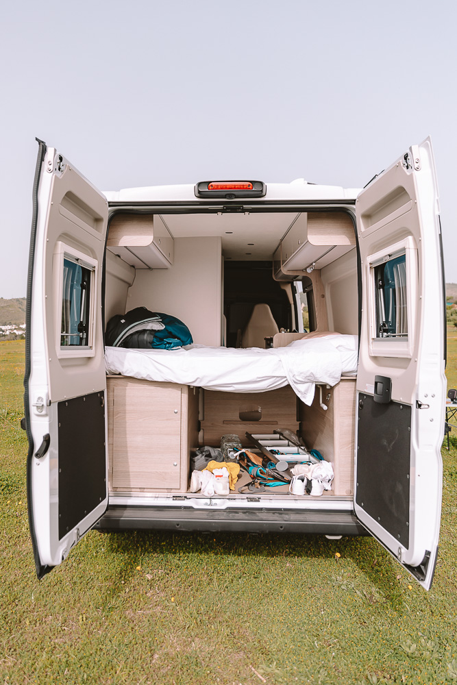 Campervan Travel, storage space from the back, by Dancing the Earth