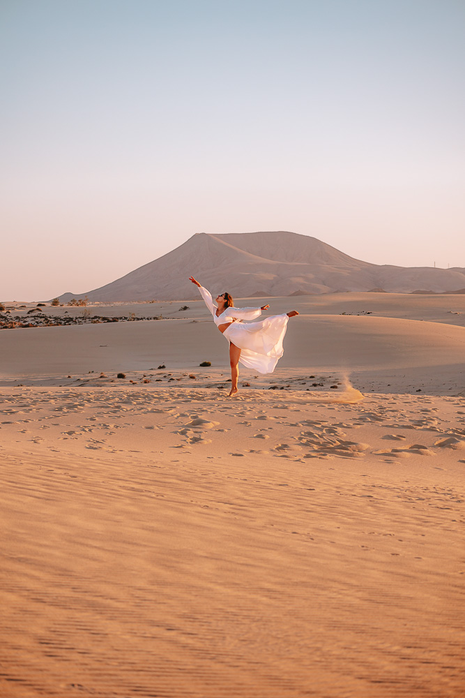 Fuerteventura, Dunas de Corralejo at sunset, volcano view, by Dancing the Earth