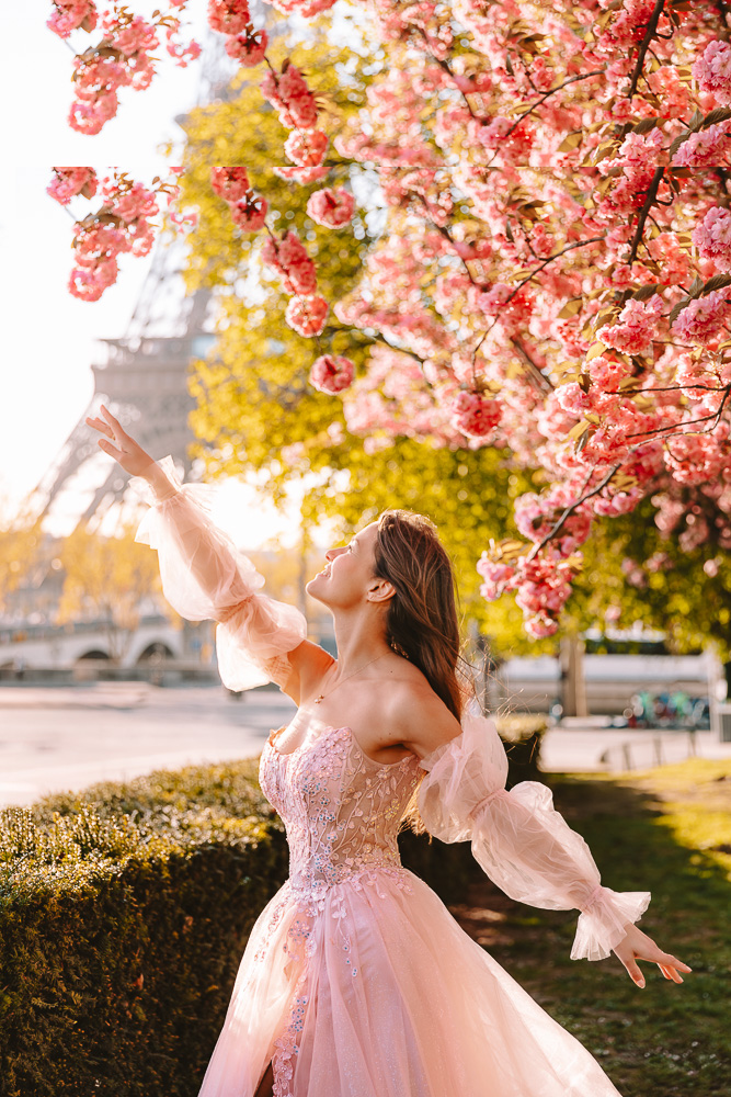 Eiffel Tower Trocadero garden cherry blossoms, by Dancing the Earth