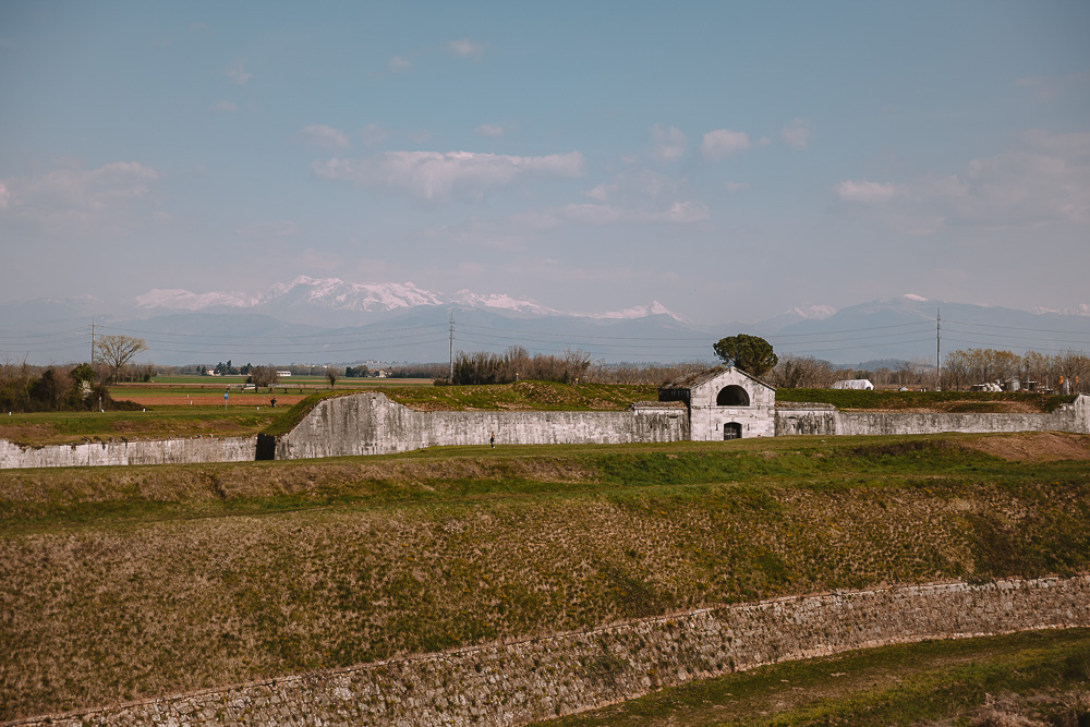 Venetian Fortresses, Palmanova, mountain view from fortifications, by Dancing the Earth